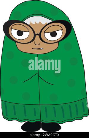 Illustration de style dessin animé d'une grand-mère portant un poncho à pois vert pleine longueur, lunettes à bordure noire, expression effrayante Illustration de Vecteur