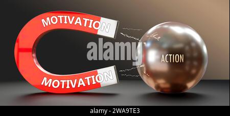 La motivation attire l'action. Une métaphore montrant la motivation comme un grand aimant qui attire l'action. Relation de cause à effet entre eux.,3d illustr Banque D'Images