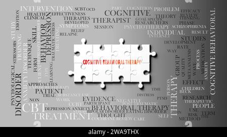 Thérapie cognitivo-comportementale - un sujet complexe, lié à de nombreux concepts. Représenté comme un puzzle et un nuage de mots.,illustration 3D. Banque D'Images