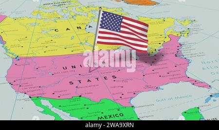 USA, États-Unis d'Amérique - drapeau national épinglé sur la carte politique - illustration 3D. Banque D'Images