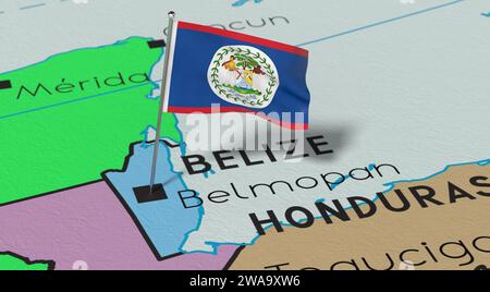 Belize, Belmopan - drapeau national épinglé sur la carte politique - illustration 3D. Banque D'Images