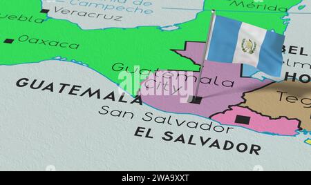 Guatemala, Guatemala City - drapeau national épinglé sur la carte politique - illustration 3D. Banque D'Images