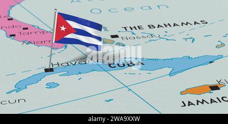 Cuba, la Havane - drapeau national épinglé sur la carte politique - illustration 3D. Banque D'Images