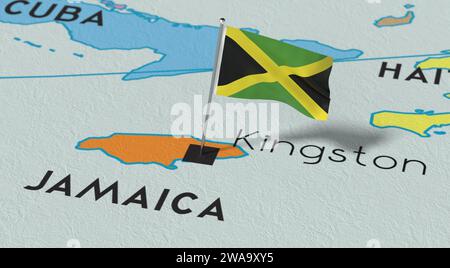 Jamaïque, Kingston - drapeau national épinglé sur la carte politique - illustration 3D. Banque D'Images