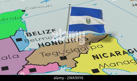 Honduras, Tegucigalpa - drapeau national épinglé sur la carte politique - illustration 3D. Banque D'Images
