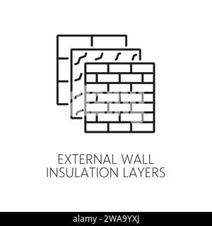 Icône couches d'isolation thermique de mur externe. Signe de ligne de section transversale d'isolation thermique de construction de maison, économiseur d'énergie de façade de maison et système de protection thermique pictogramme ou symbole de vecteur de ligne mince Illustration de Vecteur