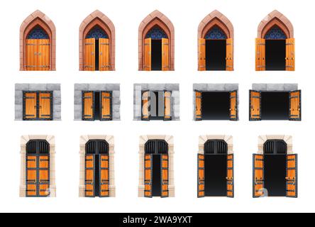 Animation de porte ouverte de château de dessin animé ou de mouvement de porte. Entrée de temple médiéval, palais européen ou forteresse porte en bois avec grilles métalliques ou ouverture de porte de vecteur de bâtiment ancien, boucle d'animation fermée Illustration de Vecteur