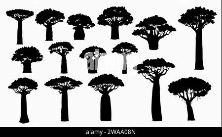 Silhouettes de baobabs africains. Continent africain et symbole de la nature insulaire de Madagascar, flore de savane. Baobab hauts et hauts avec des troncs épais et minces, lianes couvertes silhouette vectorielle isolée Illustration de Vecteur