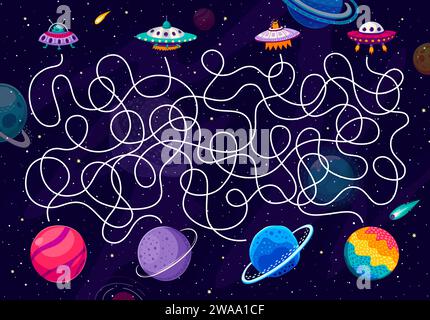 Labyrinthe labyrinthe. Aide à UFO trouver une feuille de travail de jeu d'enfants planète maison. Puzzle de quiz de galaxie avec carte spatiale vectorielle sur fond de ciel étoilé, OVNI drôle et planètes fantastiques, comètes, météores et astéroïdes Illustration de Vecteur