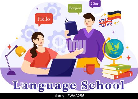 École de langues Vector Illustration de l'apprentissage en ligne, des cours, du programme de formation et de l'étude étrangère Bonjour langues à l'étranger en fond plat Illustration de Vecteur