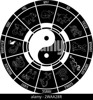 Horoscope zodiaque chinois animaux année signes roue Illustration de Vecteur