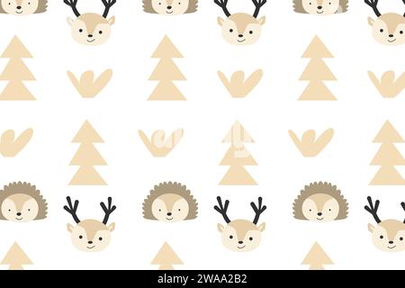 motif hivernal mignon hérisson et cerf. Illustration vectorielle dans le style de pépinière Boho. Illustration de Vecteur