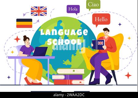 École de langues Vector Illustration de l'apprentissage en ligne, des cours, du programme de formation et de l'étude étrangère Bonjour langues à l'étranger en fond plat Illustration de Vecteur