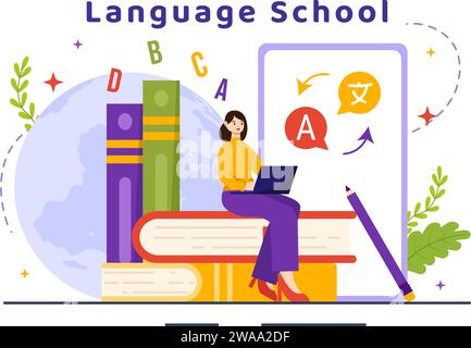 École de langues Vector Illustration de l'apprentissage en ligne, des cours, du programme de formation et de l'étude étrangère Bonjour langues à l'étranger en fond plat Illustration de Vecteur