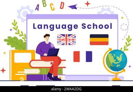 École de langues Vector Illustration de l'apprentissage en ligne, des cours, du programme de formation et de l'étude étrangère Bonjour langues à l'étranger en fond plat Illustration de Vecteur