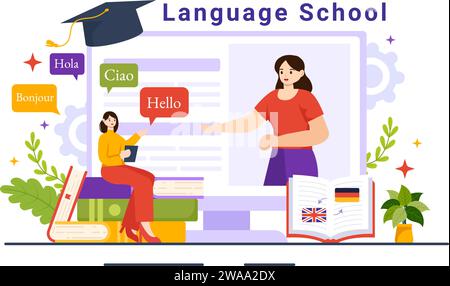 École de langues Vector Illustration de l'apprentissage en ligne, des cours, du programme de formation et de l'étude étrangère Bonjour langues à l'étranger en fond plat Illustration de Vecteur