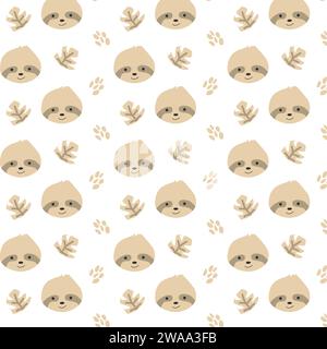 joli visage paresseux avec motif de feuilles tropicales. Illustration vectorielle sur fond blanc. Style Boho. Peut être utilisé pour le fond animal de jungle de bébé - textile, papier peint, affiche, vêtements de pépinière. Illustration de Vecteur