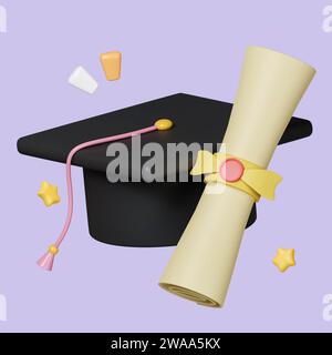 icône simple de certificat ou de diplôme 3d avec timbre jaune et chapeau diplômé isolé sur fond pastel. masque de symbole d'icône. éducation. 3d Banque D'Images