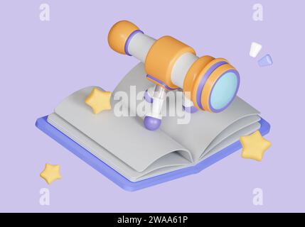 symbole de classe physique d'astronomie de télescope avec cahier isolé sur fond pastel. masque de symbole d'icône. éducation. illustration de rendu 3d. Banque D'Images