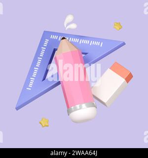 Icône de l'élément d'éducation de règle et crayon isolé sur fond pastel. masque de symbole d'icône. éducation. illustration de rendu 3d. Banque D'Images