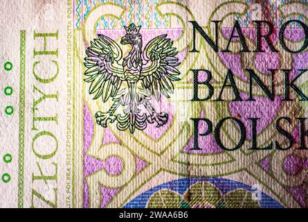 Emblème de l'aigle polonais sur la macro zloty polonaise en gros plan Banque D'Images