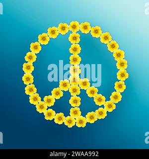 Symbole de paix hippie fait de fleurs primula jaunes sur fond dégradé bleu clair Banque D'Images