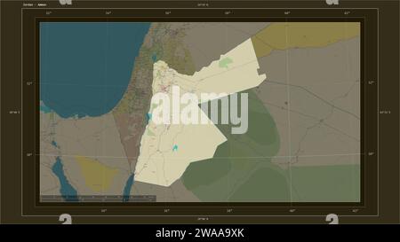 Jordanie mise en évidence sur une carte topographique de style OSM Humanitarian avec le point de la capitale du pays, la grille cartographique, l'échelle de distance et la frontière cartographique Banque D'Images