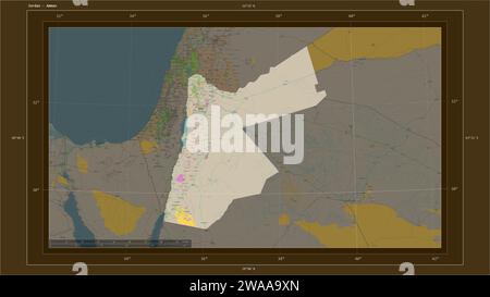 Jordanie mise en évidence sur une carte topographique de style OSM France avec le point de la capitale du pays, la grille cartographique, l'échelle de distance et les coordonnées de la frontière Banque D'Images