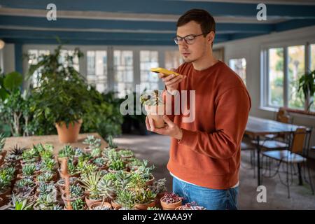 Homme prenant photo de plantes en pot dans le marché floral de magasin sur smartphone. Banque D'Images