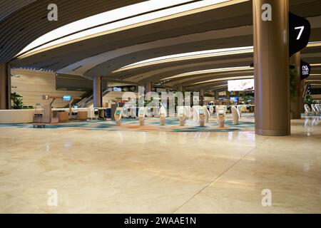 SINGAPOUR - 06 NOVEMBRE 2023 : kiosques d'enregistrement en libre-service au terminal 2 de l'aéroport Changi de Singapour. Banque D'Images