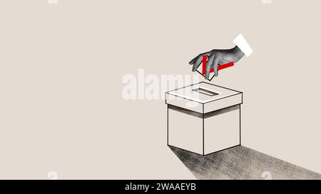 Main humaine mettant une coche rouge dans l'urne. Collage d'art contemporain. Banque D'Images