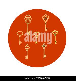 clés vintage dorées sur rouge rond - fond. Illustration vectorielle d'icônes de clés antiques et modernes dorées dans le style plat de dessin animé. Illustration de Vecteur
