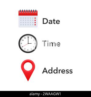 Jeu d'icônes de rendez-vous essentielles comprenant le calendrier, l'horloge et l'épingle de lieu pour l'indication de la date, de l'heure et de l'adresse. Illustration de Vecteur