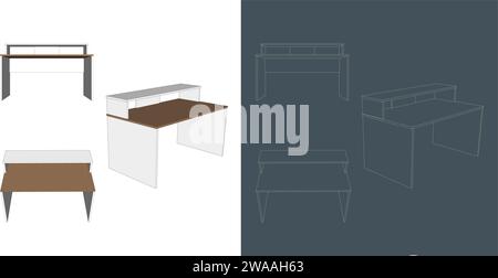 Ensemble de vecteur de meubles Wireframe de table de travail pour le travail, l'étude, la conception et l'apprentissage Illustration de Vecteur