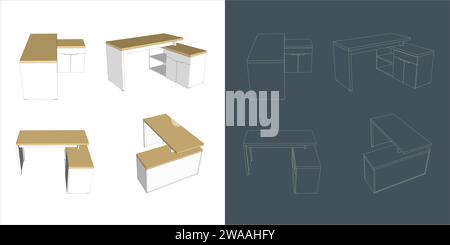 Ensemble de vecteur de meubles Wireframe de table de travail pour le travail, l'étude, la conception et l'apprentissage Illustration de Vecteur