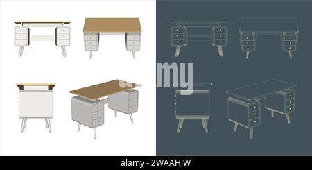 Ensemble de vecteur de meubles Wireframe de table de travail pour le travail, l'étude, la conception et l'apprentissage Illustration de Vecteur