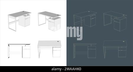 Ensemble de vecteur de meubles Wireframe de table de travail pour le travail, l'étude, la conception et l'apprentissage Illustration de Vecteur