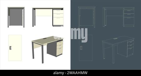 Ensemble de vecteur de meubles Wireframe de table de travail pour le travail, l'étude, la conception et l'apprentissage Illustration de Vecteur