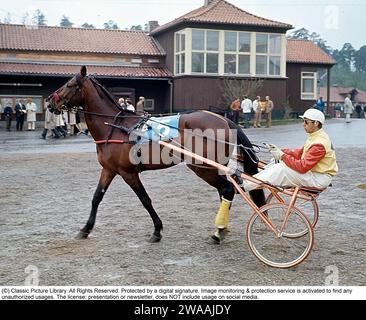 Olle Elfstrand. Entraîneur de trot suédois et jockey. Au cours de sa carrière, il a réussi l'exploit de remporter plus de 2000 courses en tant que jockey. Ici dans le sulky avec le cheval de Trotting Lyon qu'il a entraîné pendant la majeure partie de sa carrière de coureur. Lyon a été sélectionné comme cheval de l'année à trois reprises et est devenu le premier cheval de trot d'origine suédoise à atteindre un million de couronnes suédoises en prix. 1972 réf. BV9 Banque D'Images