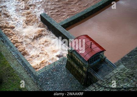 Bila Tremesna, République tchèque. 03 janvier 2024. Après de fortes pluies, le niveau d'eau du barrage de Labe les Kralovstvi (barrage de la forêt royale) près de Dvur Kralove nad Labem, région de Trutnov, République tchèque, a augmenté de près de trois mètres le 3 janvier 2024. Crédit : David Tanecek/CTK photo/Alamy Live News Banque D'Images