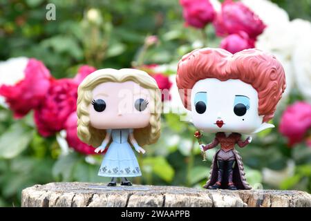 Figurines Funko Pop de Red Queen et Alice au pays des merveilles. Roses rouges et blanches, feuilles vertes, jardin de fleurs d'été, souche en bois. Banque D'Images