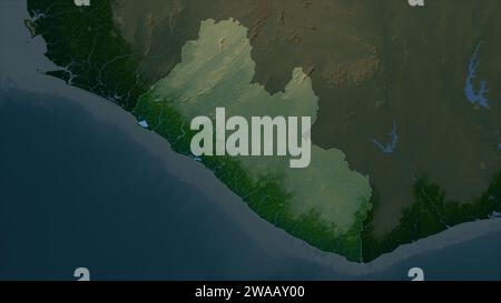 Liberia mis en évidence sur une carte d'altitude en couleur avec des lacs et des rivières Banque D'Images