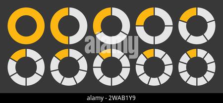 Cercle creux divisé en 1-10 parties jeu d'icônes. Diagramme de segment de cercle creux en 1-10 parties graphique icône graphique en forme de secteur graphique en couleur jaune-blanc. Illustration de Vecteur