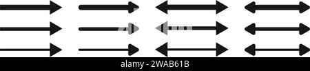 Ensemble d'icônes de flèche et de double flèche. Regardez ici les symboles. Pointeur horizontal noir, direction, position, emplacement, inversion ou largeur signes isolés sur fond blanc. Illustration graphique vectorielle Illustration de Vecteur