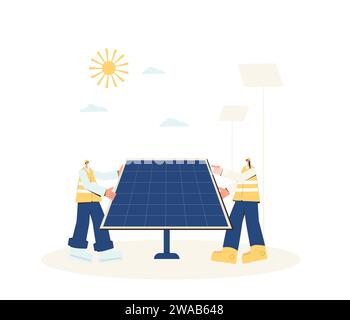 Installation du système d'énergie solaire. Fournir des mises à niveau des modules solaires. Technicien d'entretien sur site. Travailleurs et panels. Électricité renouvelable de remplacement. Susta Illustration de Vecteur