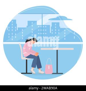 Fille frustrée assise seule sur une chaise dans un café, pendante la tête. Fille triste. La femme est contrariée. Date n'a pas eu lieu, personne n'est venu à la réunion. Souligné Illustration de Vecteur