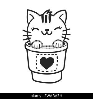 Chat mignon dans une tasse de thé à café. Personnage animal mignon et drôle pour le concept de Saint Valentin. Illustration vectorielle linéaire en noir et blanc Illustration de Vecteur