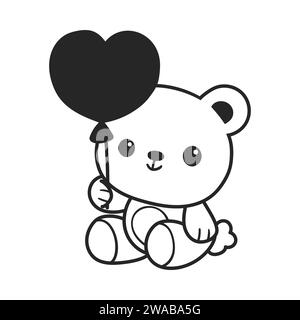 Un mignon ours Kawaii tient un ballon en forme de coeur. illustration vectorielle de style dessin au trait Illustration de Vecteur