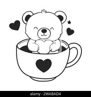 Ours mignon dans une tasse de thé à café. Personnage animal mignon et drôle pour le concept de Saint Valentin. Illustration vectorielle linéaire en noir et blanc Illustration de Vecteur