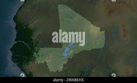 Mali mis en évidence sur une carte altimétrique en couleur avec des lacs et des rivières Banque D'Images